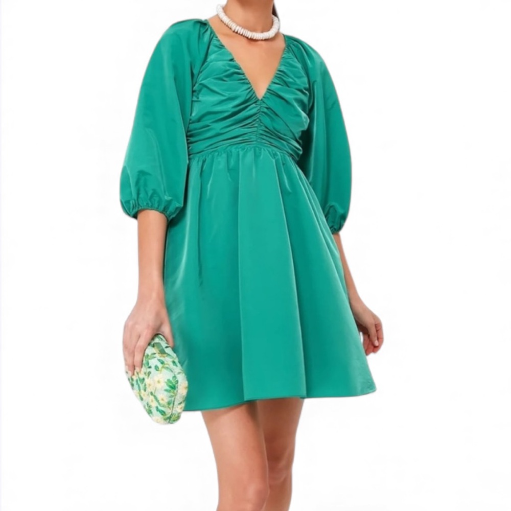 NEW HYACINTH HOUSE Tuckernuck Ruched Green Genevieve Mini Dress Cocktail Party M